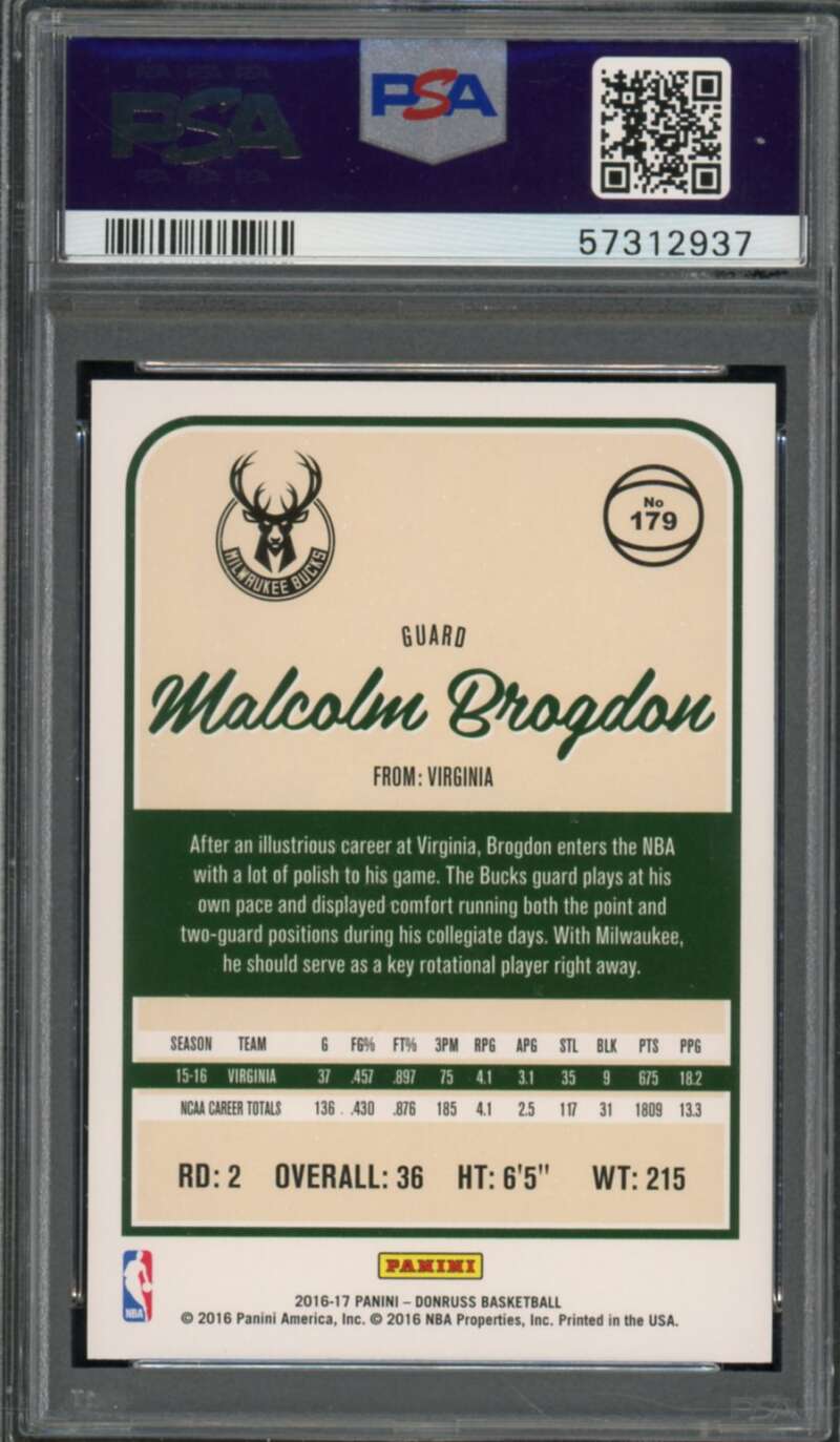 Malcolm Brogdon Rookie Card 2016-17 Panini Donruss #179 PSA 10 Image 2