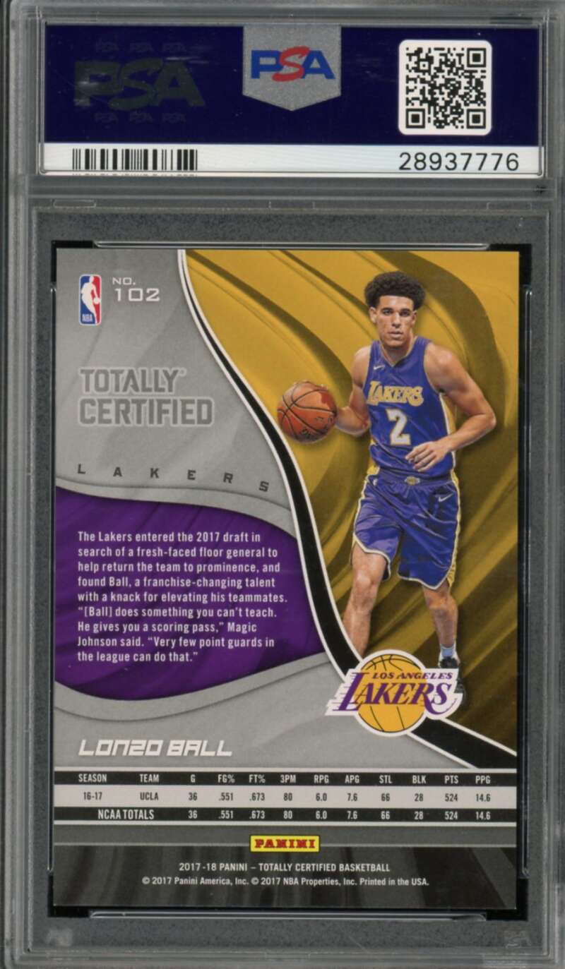 Lonzo Ball Rookie Card 2017-18 Panini Totally Certified Blue (pop 5) #102 PSA 10 Image 2