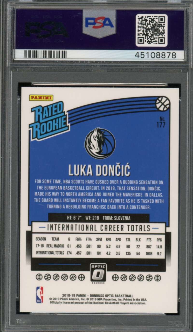 Luka Doncic Rookie Card 2018-19 Panini Donruss Optic #177 PSA 10 Image 2