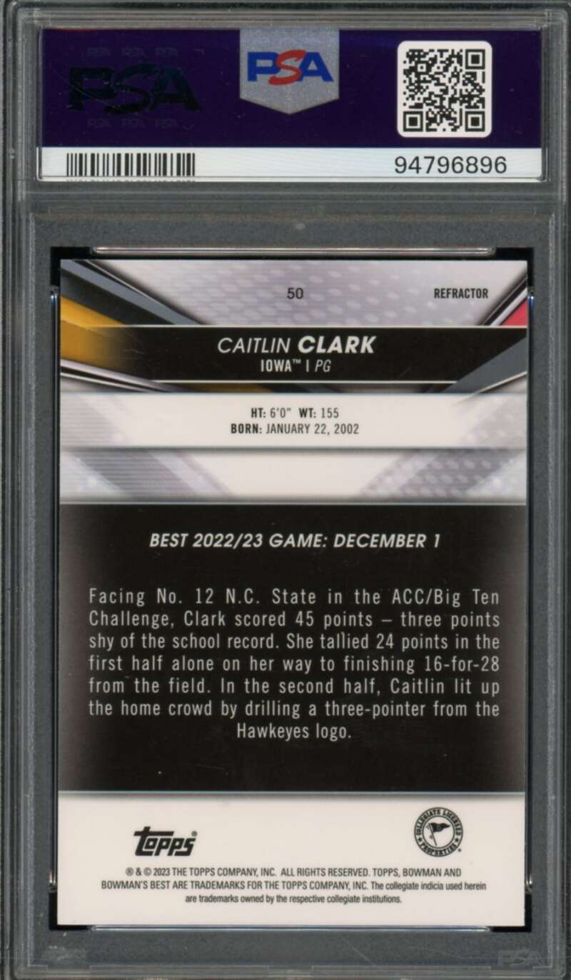 Caitlin Clark Rookie Card 2022-23 Bowman University Best Refractor #50 PSA 9 Image 2