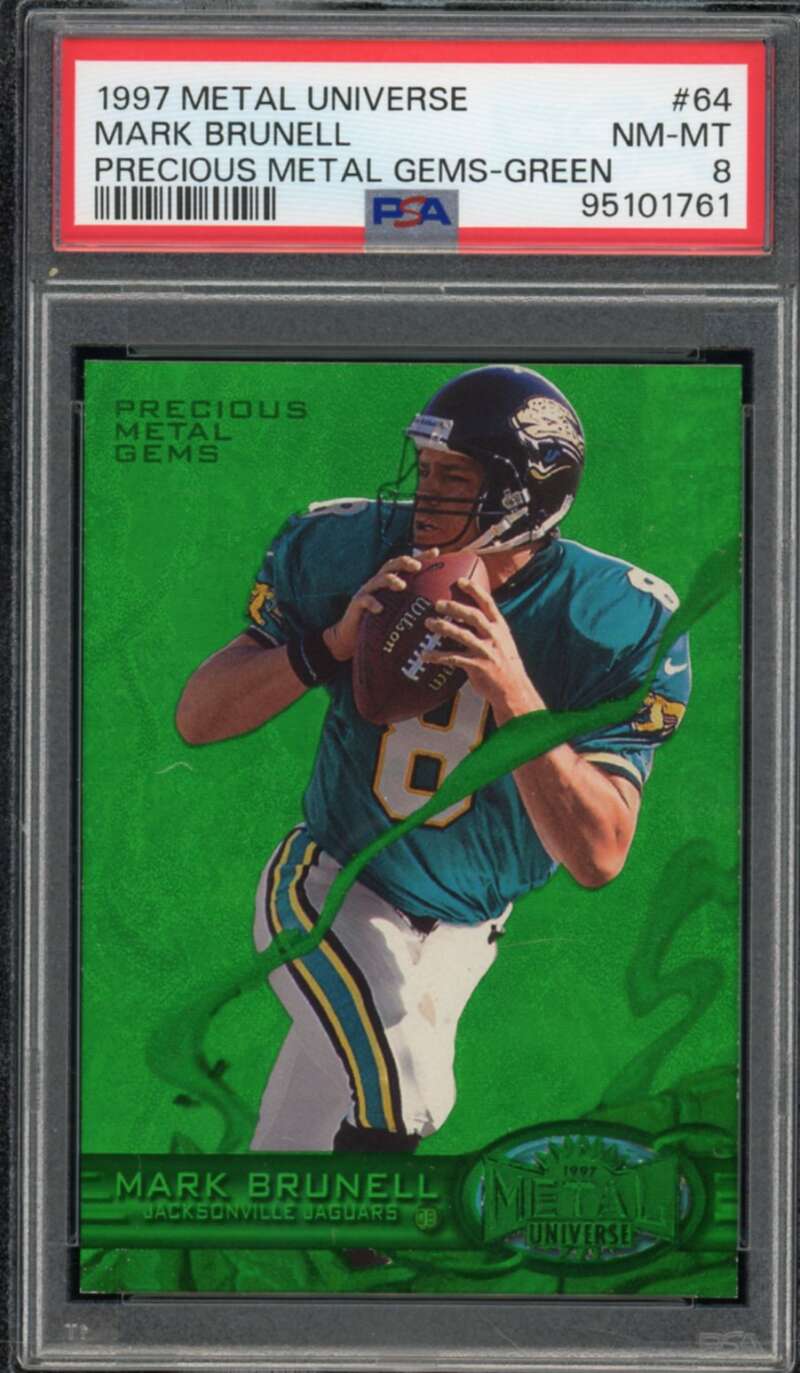 Mark Brunell 1997 Metal Universe Precious Metal Gems-Green (pop 1) #64 PSA 8 Image 1