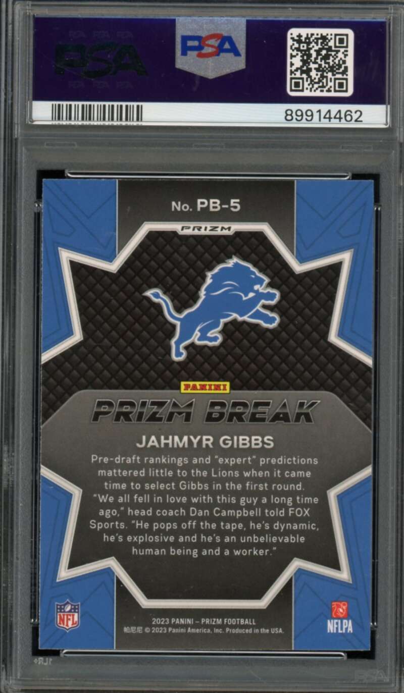 Jahmyr Gibbs Rookie Card 2023 Prizm Prizm Break Green #PB5 PSA 10 Image 2