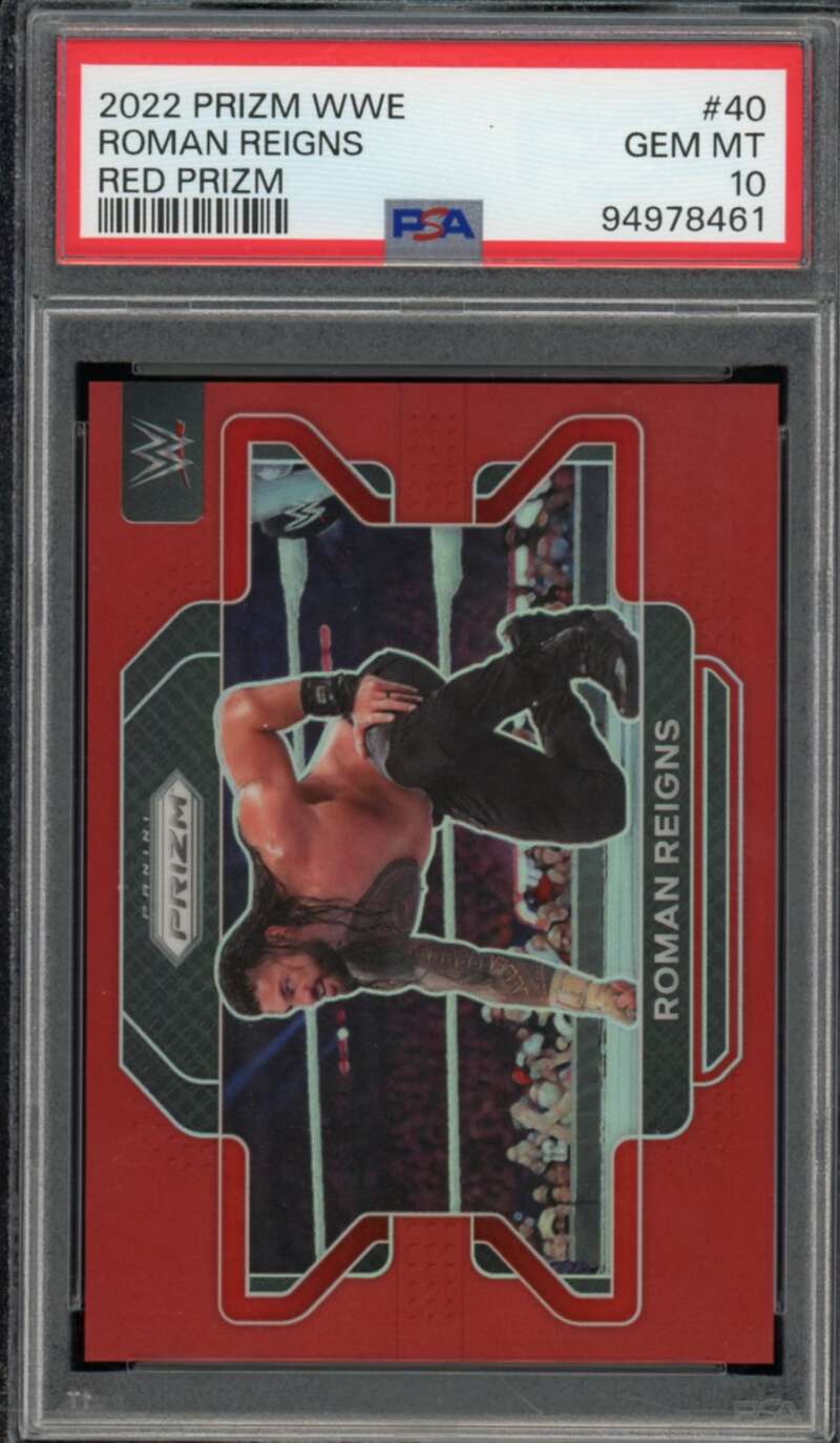 Roman Reigns Card 2022 Prizm WWE Red Prizm #40 (pop 10) PSA 10 Image 1