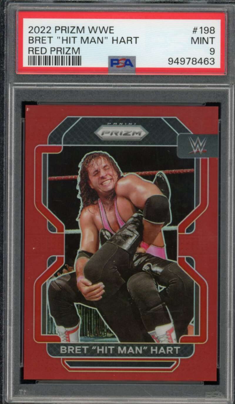 Bret Hit Man Hart Card 2022 Prizm WWE Red Prizm #198 PSA 9 Image 1