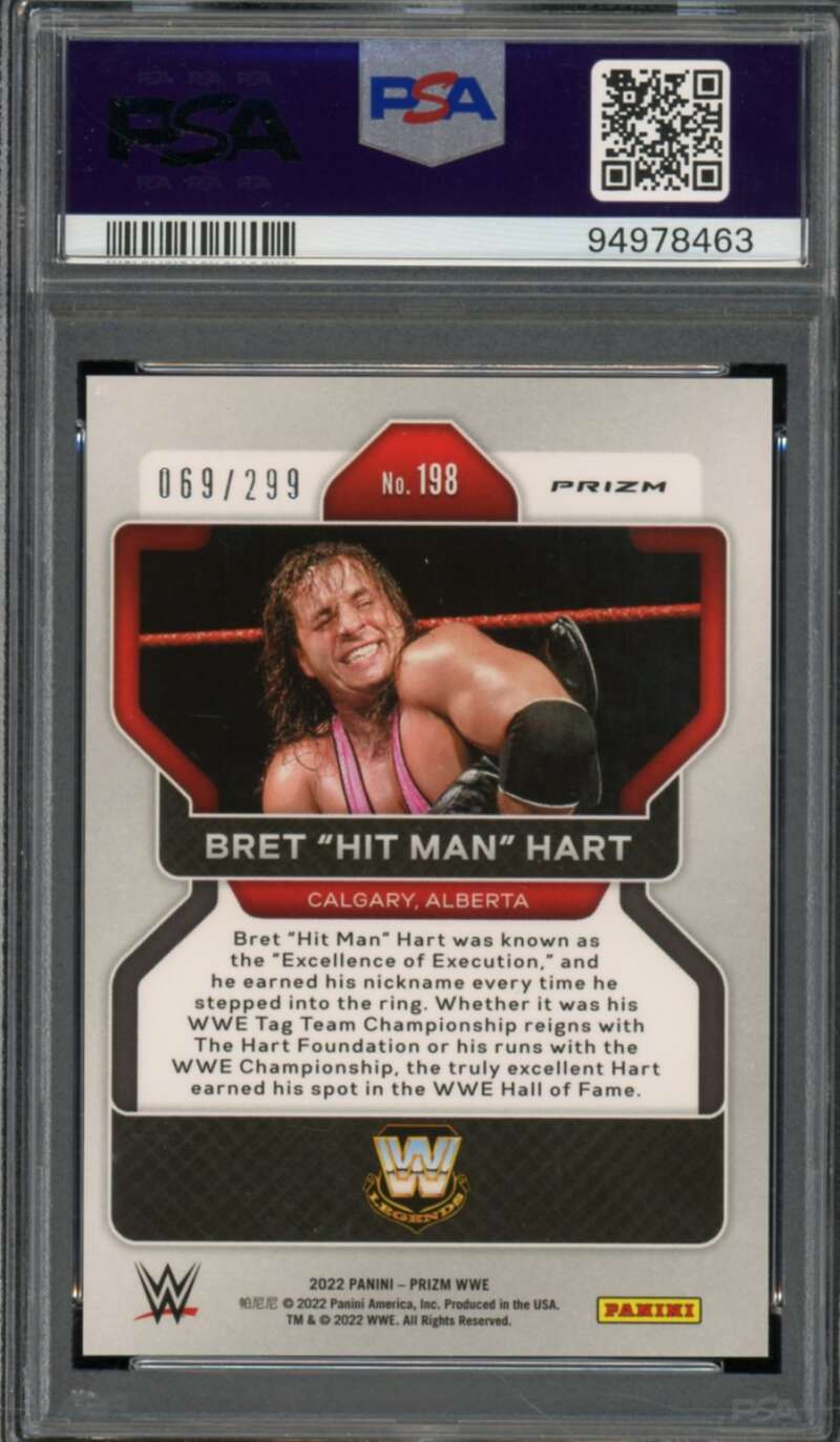 Bret Hit Man Hart Card 2022 Prizm WWE Red Prizm #198 PSA 9 Image 2