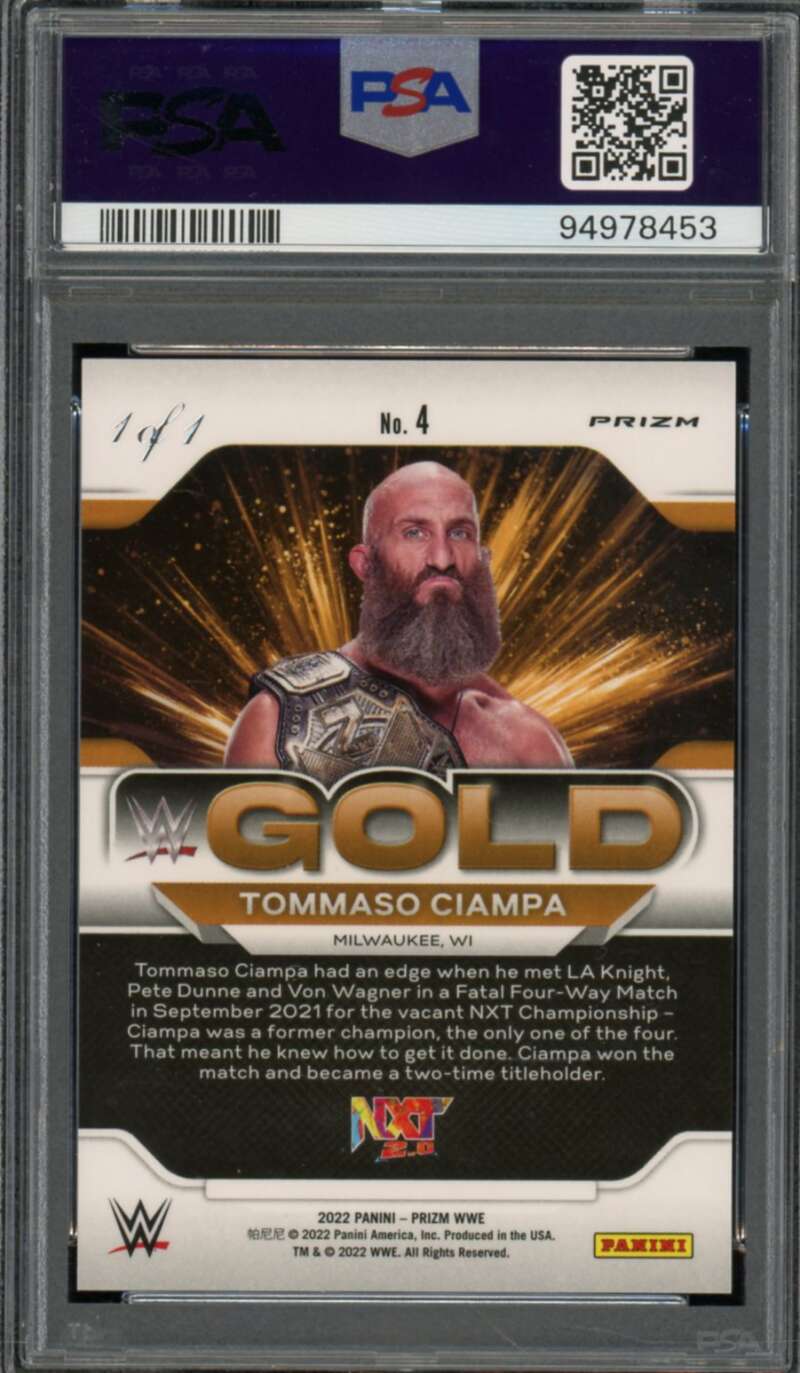 Tommaso Ciampa Card 2022 Prizm WWE Gold Black Prizm (1 of 1) #4 PSA 9 Image 2