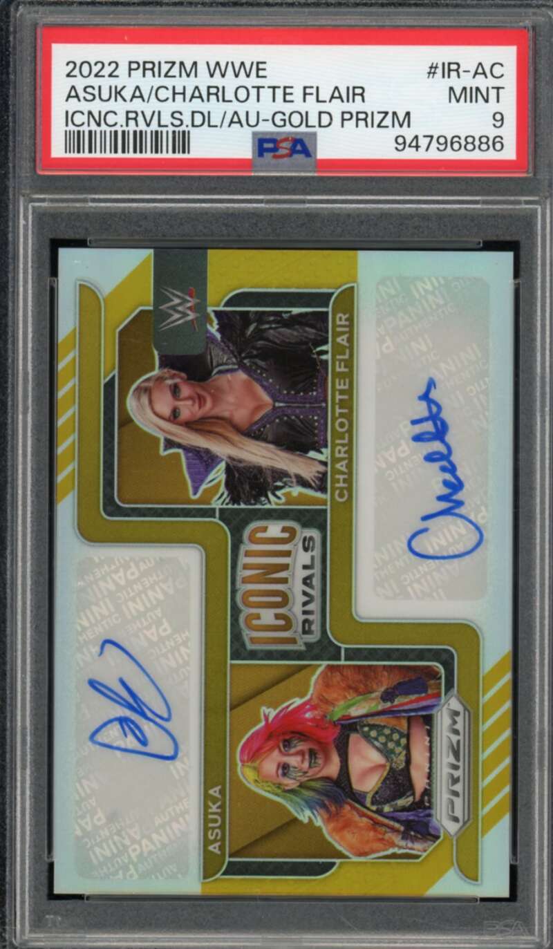 Asuka/Charlotte Flair 2022 Prizm WWE Dual Auto Gold Prizm (9/10) #IR-AC PSA 9 Image 1