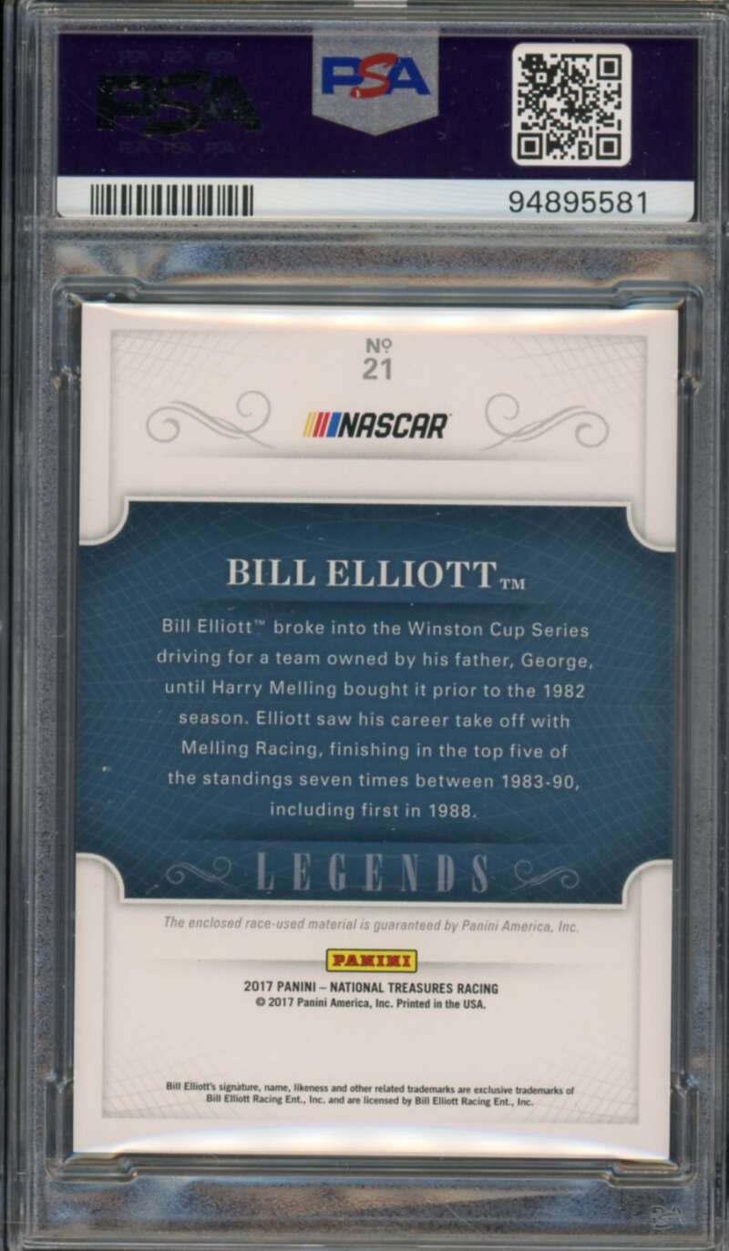 Bill Elliott Card 2017 National Treasures Holo Gold (8/10) (pop 1) #21 PSA 9 Image 2