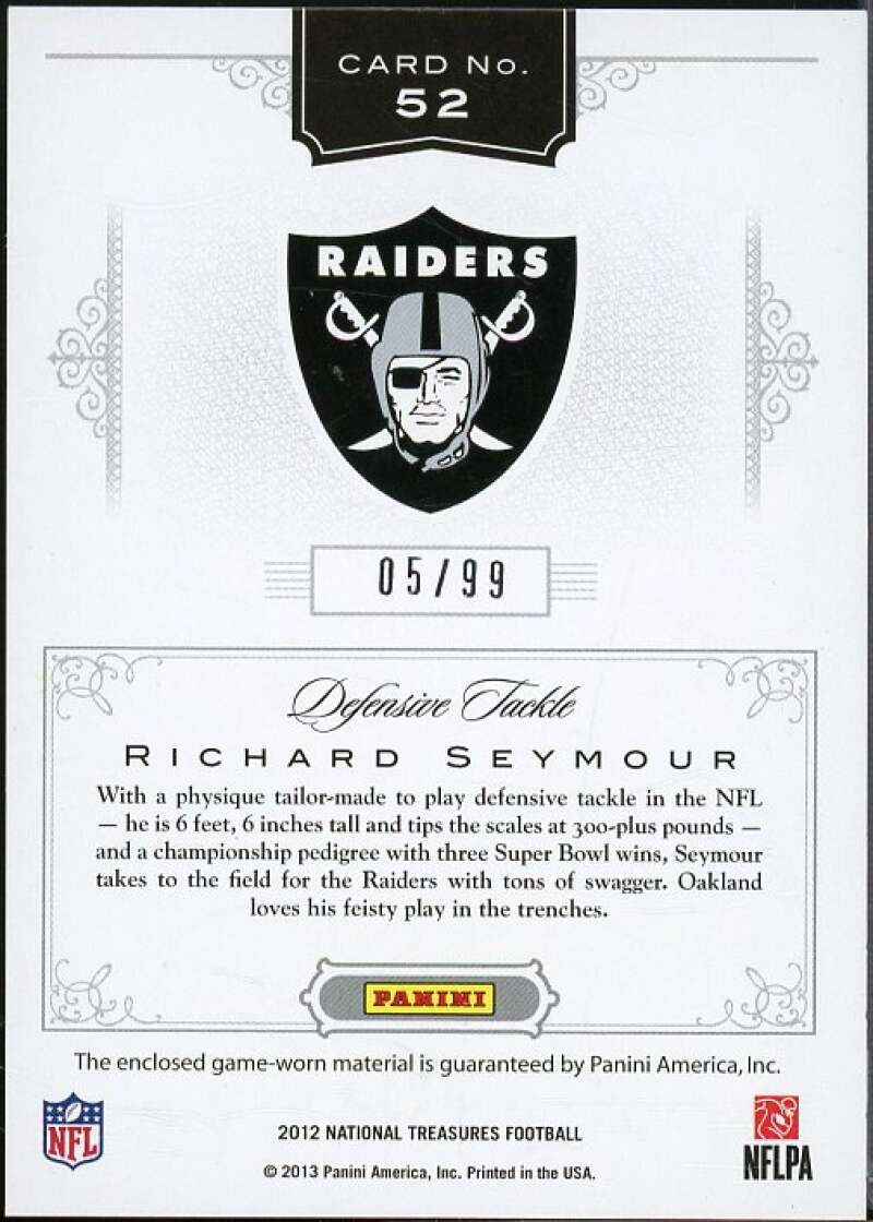 Richard Seymour 2012 Panini National Treasures Franchise Favorites Materials #52  Image 2