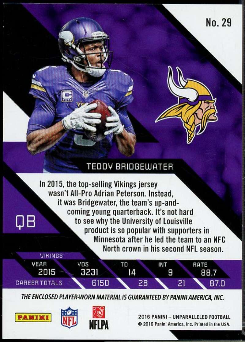 Teddy Bridgewater Card 2016 Panini Unparalleled Jerseys #29  Image 2