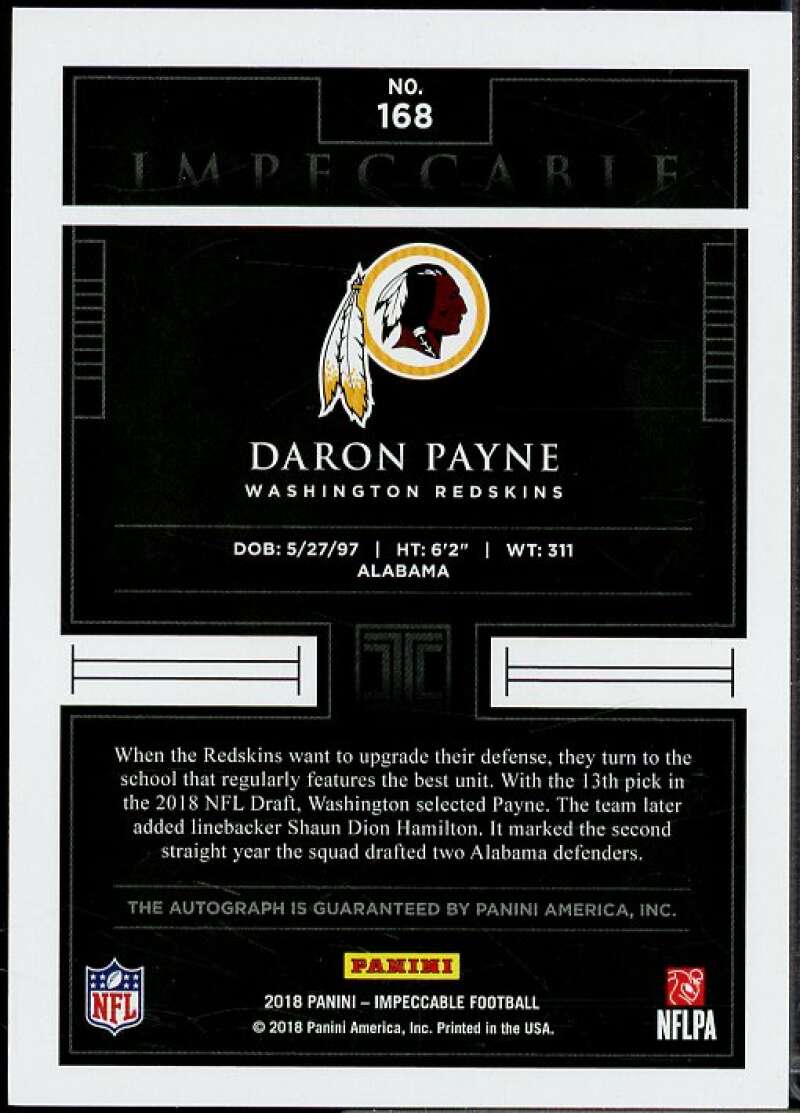 Daron Payne AU Rookie Card 2018 Panini Impeccable #168  Image 2