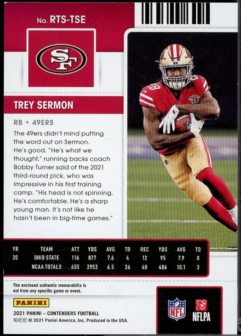 Trey Sermon Rookie Card 2021 Panini Contenders Rookie Ticket Swatches #26  Image 2