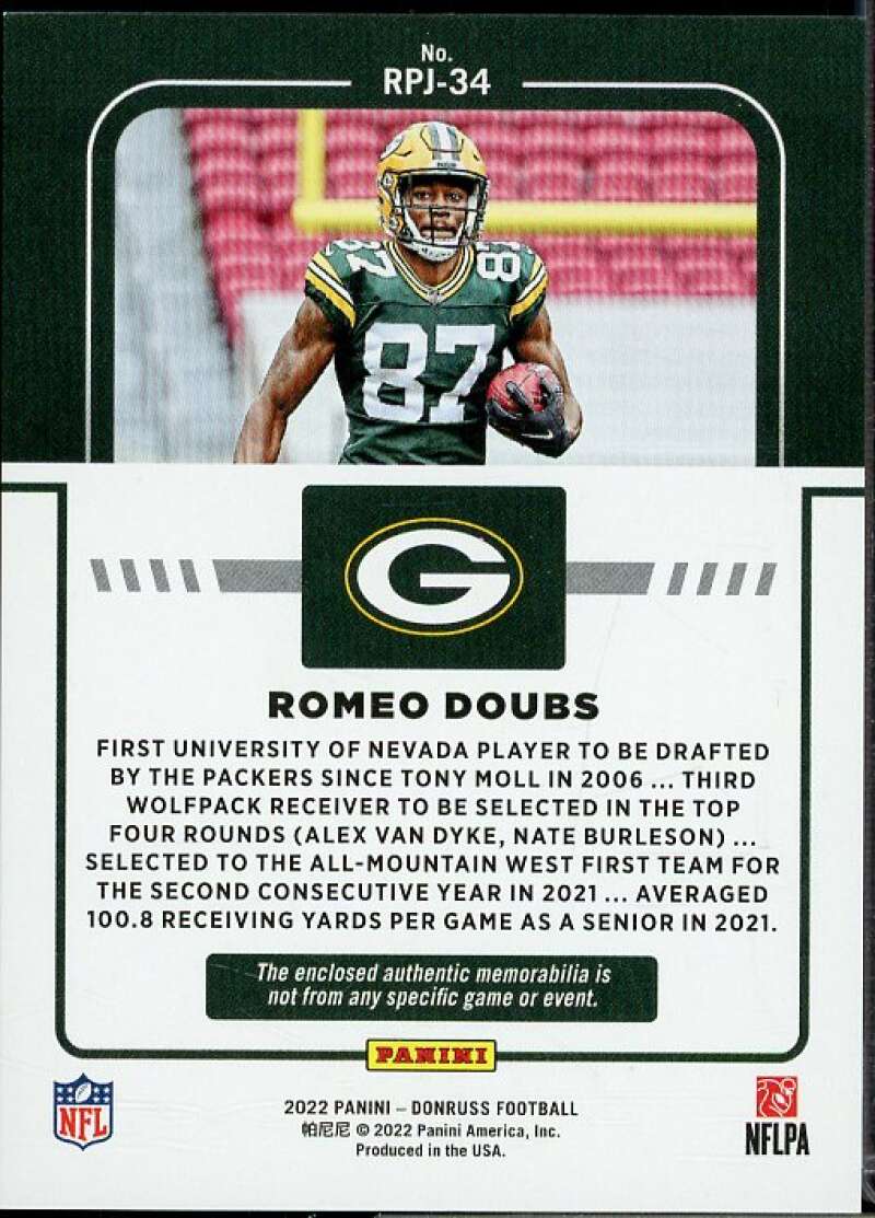 Romeo Doubs Rookie Card 2022 Donruss Rookie Phenom Jerseys #34  Image 2