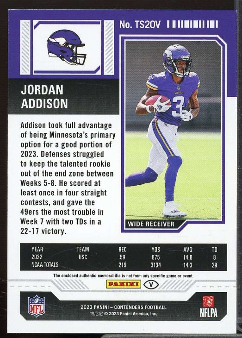 Jordan Addison 2023 Panini Contenders Rookie Ticket Swatches Variations #20  Image 2