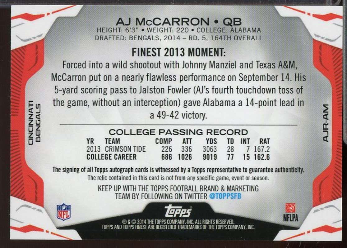 A.J. McCarron Rookie 2014 Finest Jumbo Jersey Autographs Red Refractors #AJRAM  Image 2