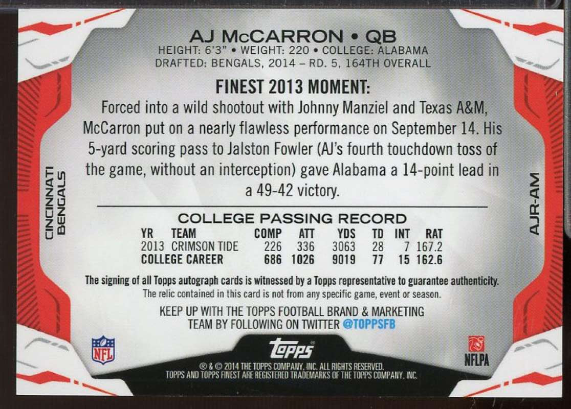 A.J. McCarron Rookie 2014 Finest Jumbo Jersey Autographs Red Refractors #AJRAM  Image 2