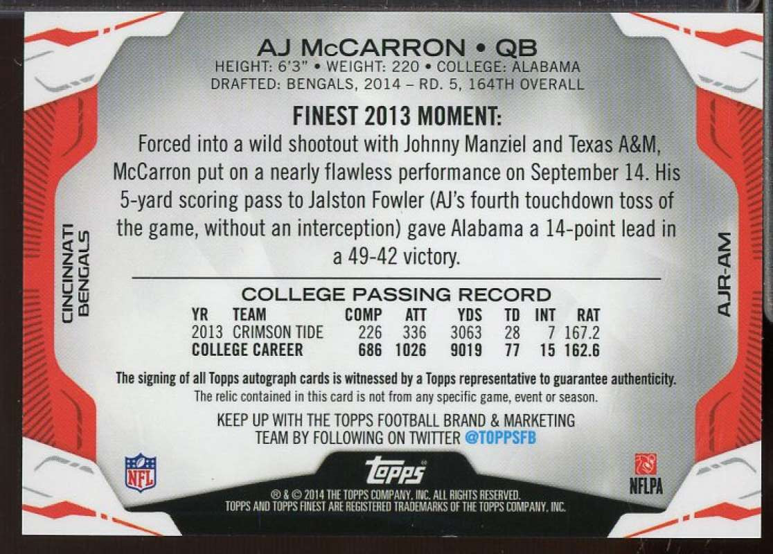 A.J. McCarron Rookie 2014 Finest Jumbo Jersey Autographs Red Refractors #AJRAM  Image 2