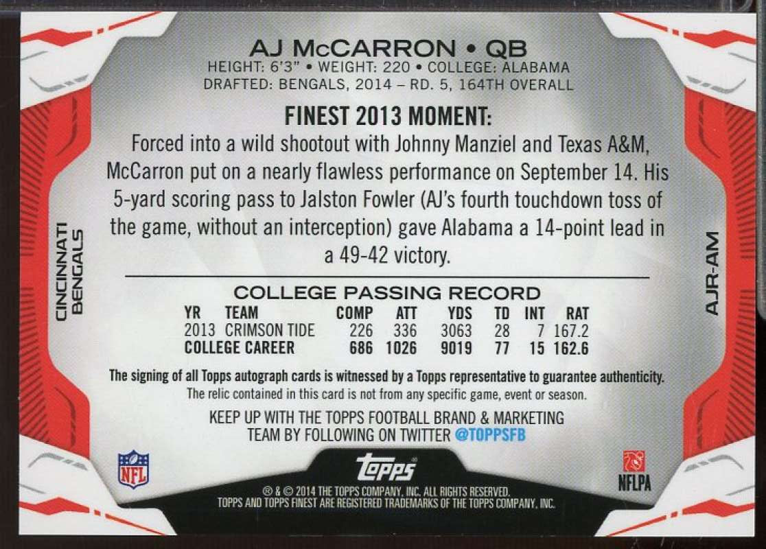 A.J. McCarron Rookie 2014 Finest Jumbo Jersey Autographs Blue Refractors #AJRAM  Image 2