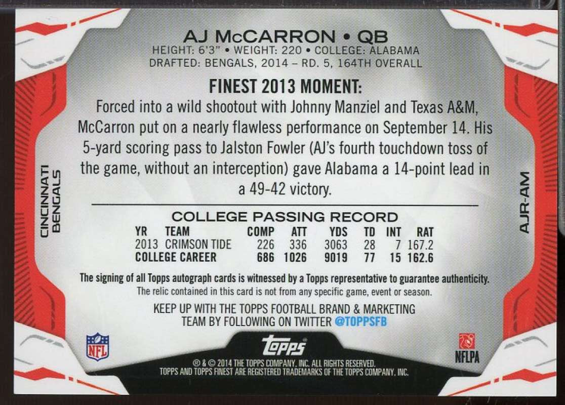 A.J. McCarron Rookie 2014 Finest Jumbo Jersey Autographs Blue Refractors #AJRAM  Image 2