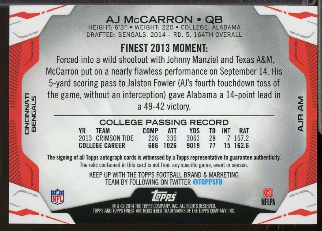 A.J. McCarron Rookie 2014 Finest Jumbo Jersey Autographs Gold Refractors #AJRAM  Image 2