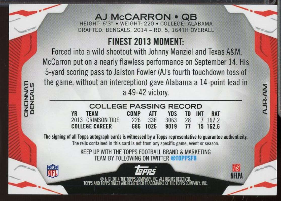 A.J. McCarron Rookie 2014 Finest Jumbo Jersey Autographs Gold Refractors #AJRAM  Image 2