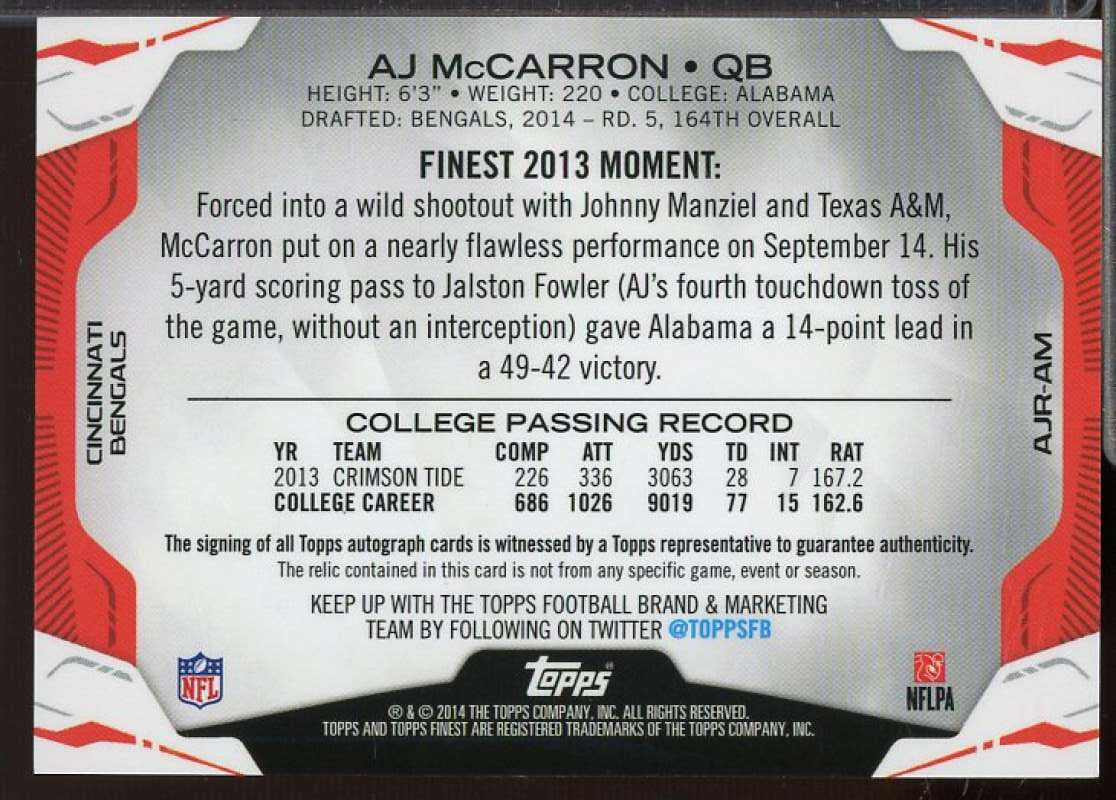 A.J. McCarron Rookie 2014 Finest Jumbo Jersey Autographs Gold Refractors #AJRAM  Image 2