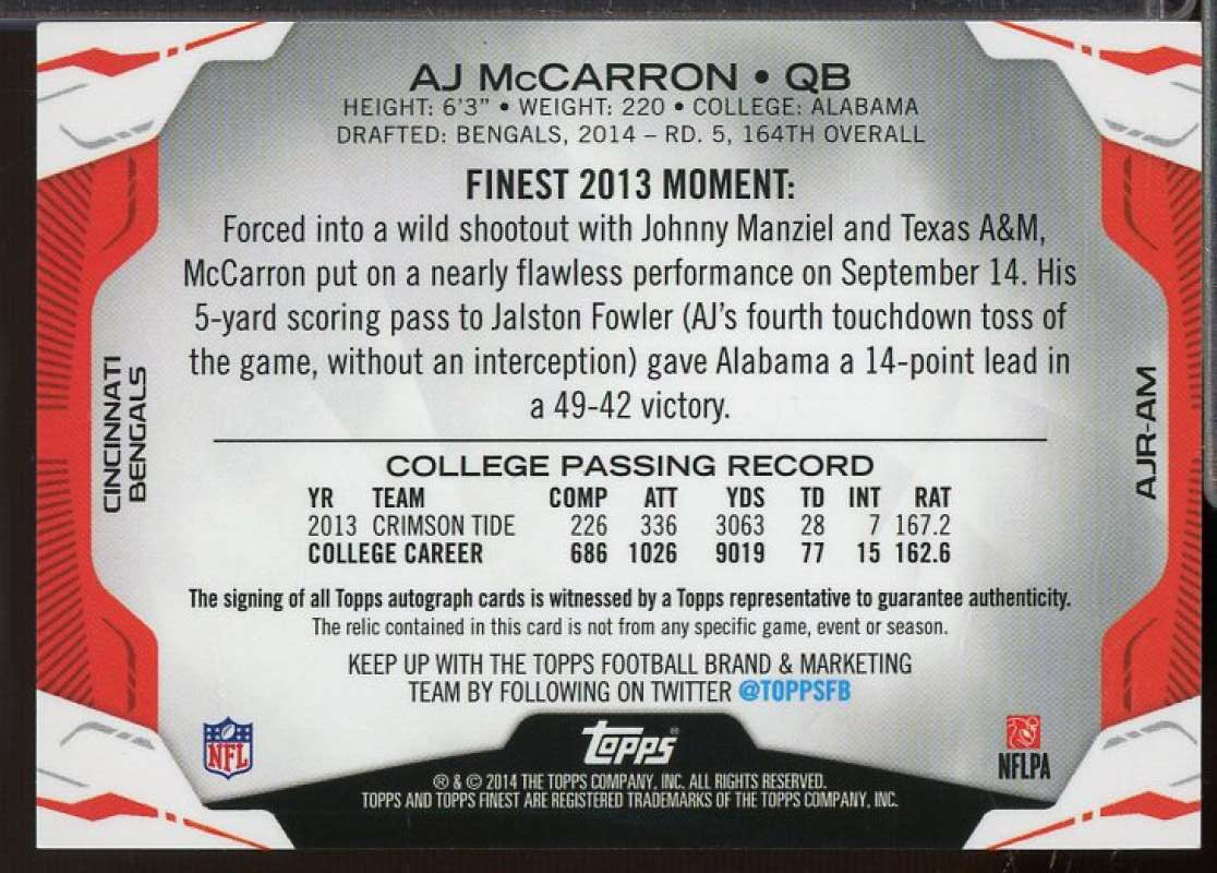 A.J. McCarron Rookie Card 2014 Finest Jumbo Jersey Autographs Refractors #AJRAM  Image 2