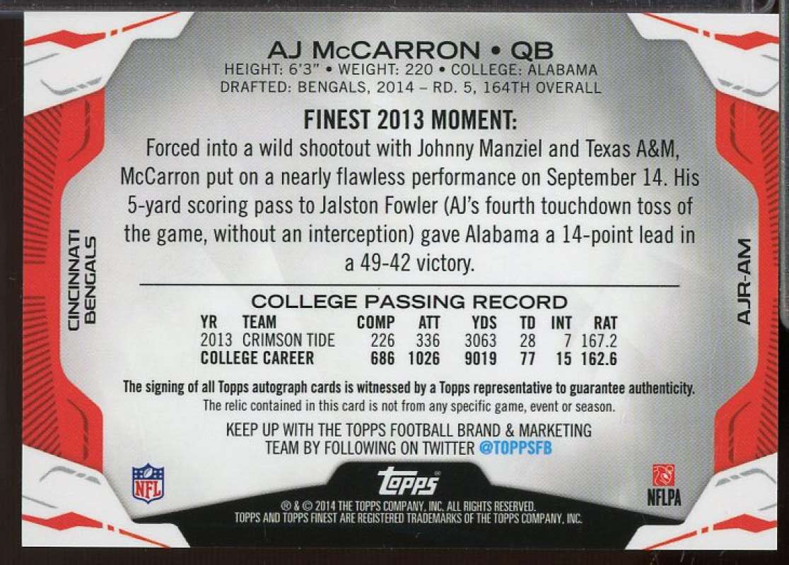 A.J. McCarron Rookie Card 2014 Finest Jumbo Jersey Autographs Refractors #AJRAM  Image 2