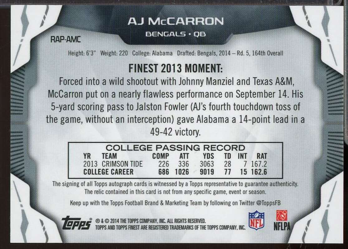 A.J. McCarron Rookie Card 2014 Finest Jumbo Jersey Autographs Refractors #AJRAM  Image 2