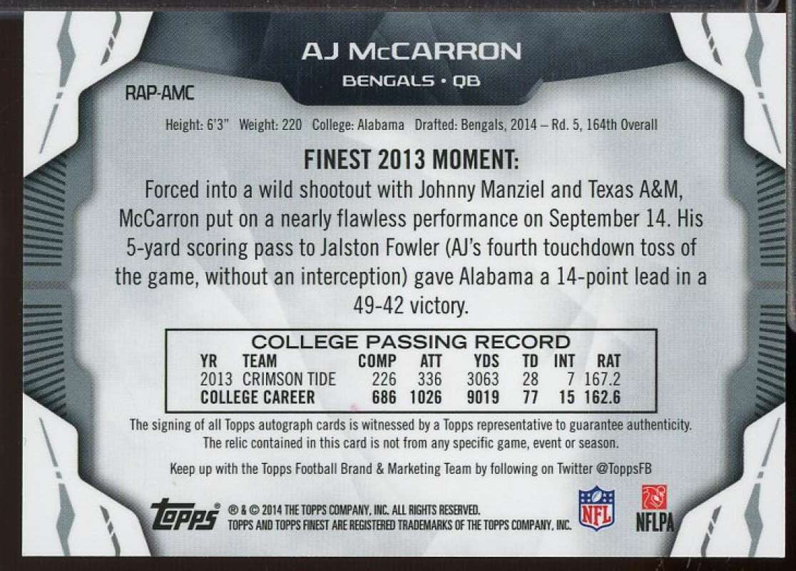 A.J. McCarron Rookie Card 2014 Finest Jumbo Jersey Autographs Refractors #AJRAM  Image 2