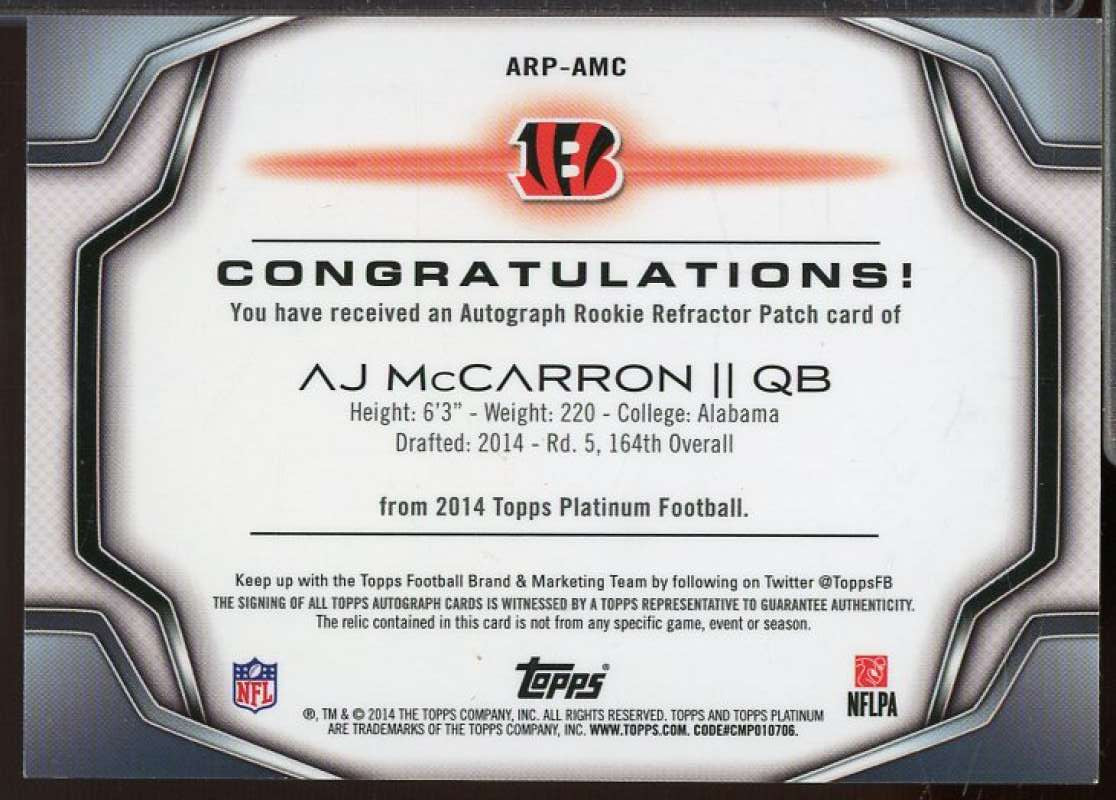 A.J. McCarron 2014 Topps Platinum Rookie Patch Autographs Refractors #ARPAMC  Image 2