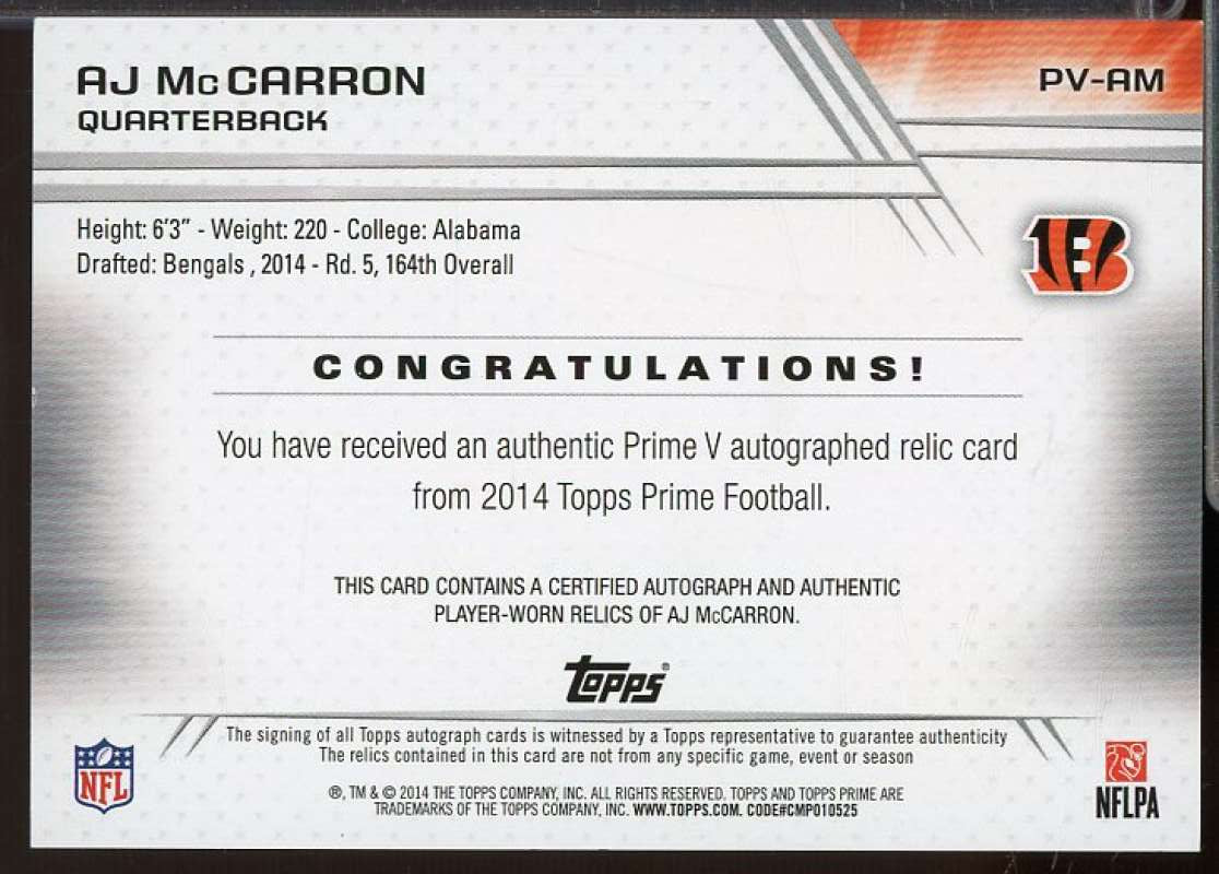 A.J. McCarron Rookie Card 2014 Topps Prime Autographed Relics Level 5 #PVAM  Image 2