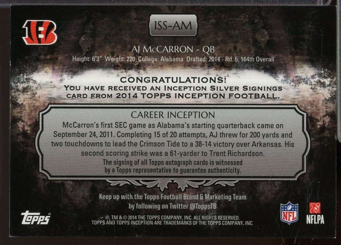 A.J. McCarron Rookie Card 2014 Topps Inception Silver Signings #ISSAM  Image 2