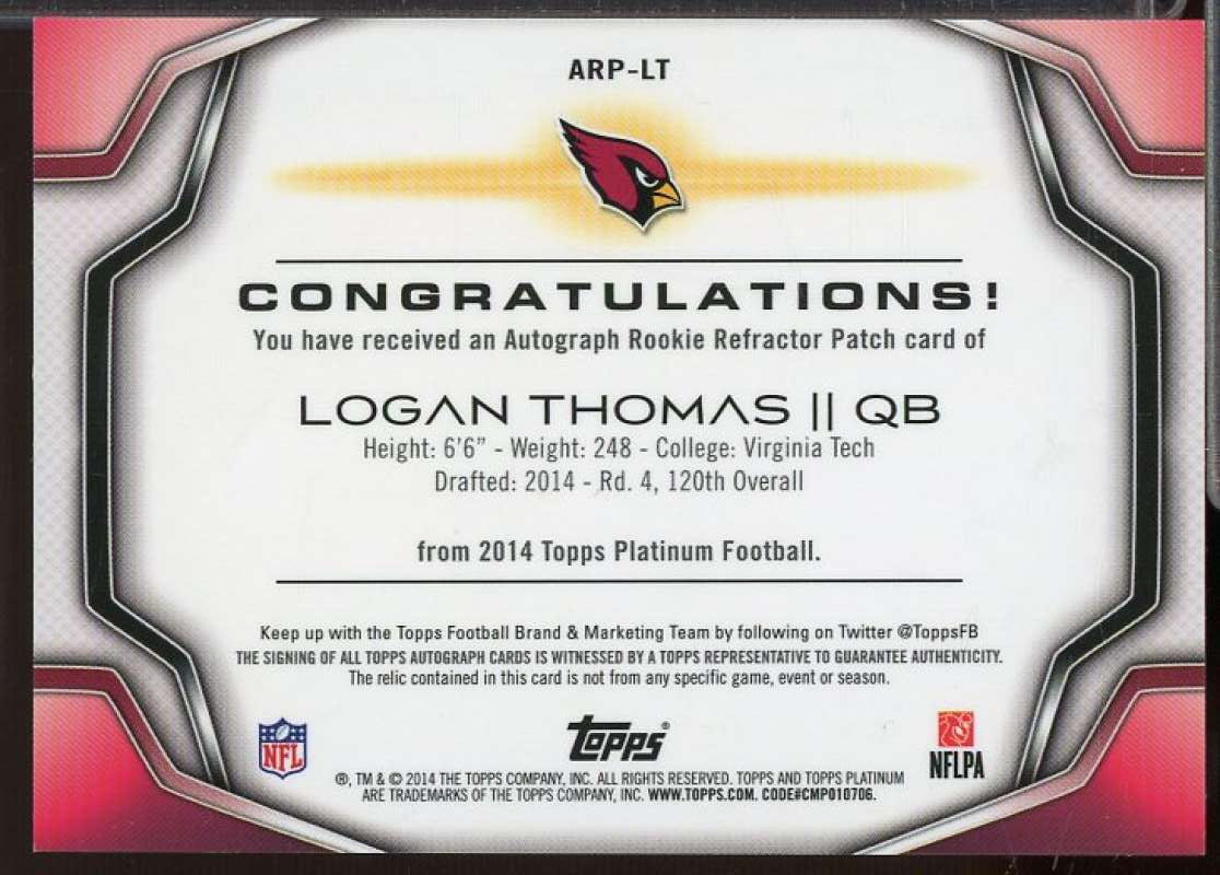 Logan Thomas 2014 Topps Platinum Rookie Patch Autographs Black Refractors #ARPLT  Image 2