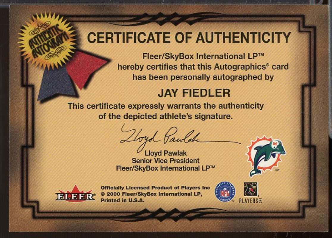 Jay Fiedler Card 2000 Fleer Tradition Autographics #49  Image 2