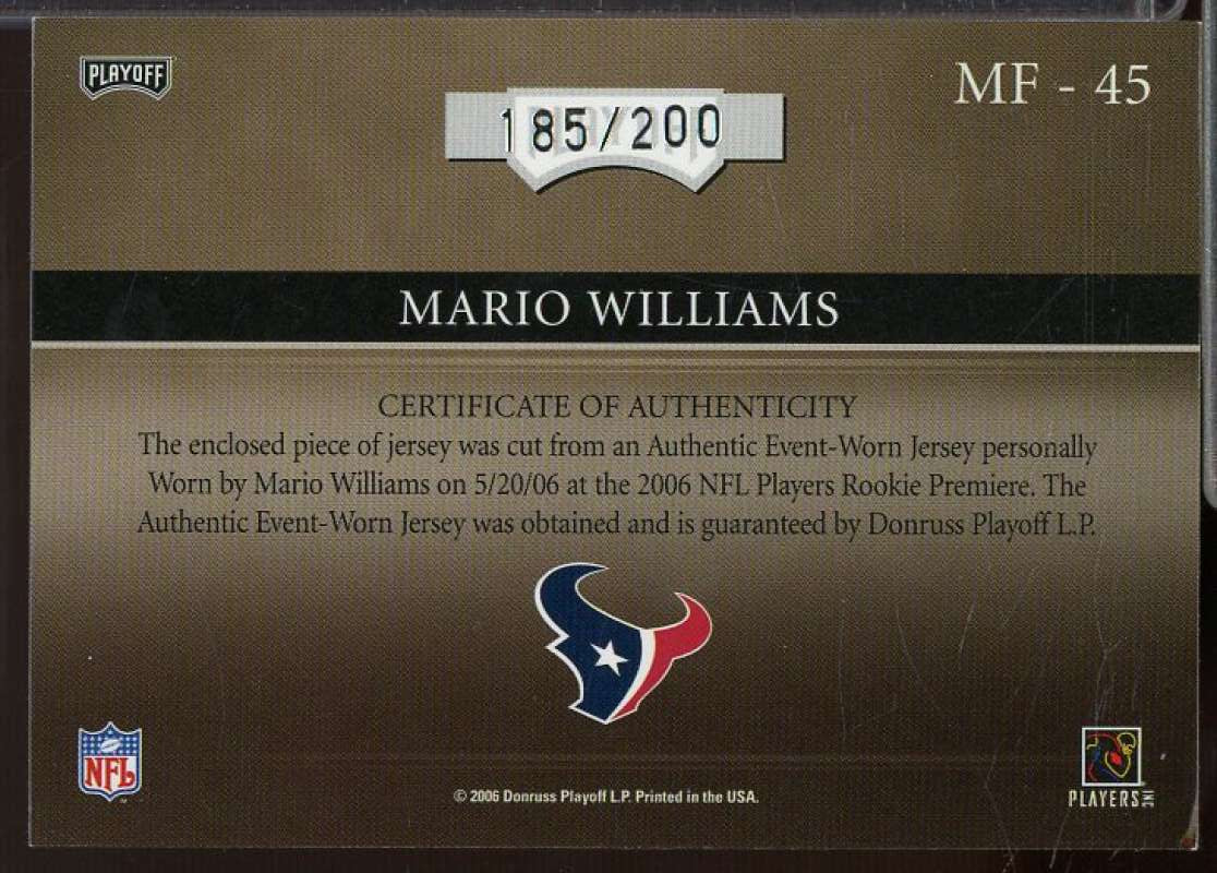 Mario Williams Rookie 2006 Absolute Memorabilia Marks of Fame Materials #45  Image 2