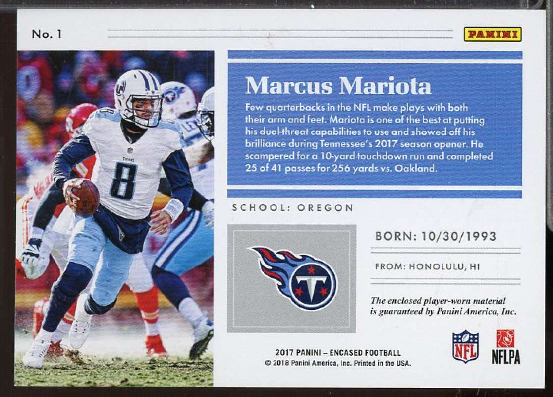 Marcus Mariota Card 2017 Panini Encased Substantial Swatches #1  Image 2