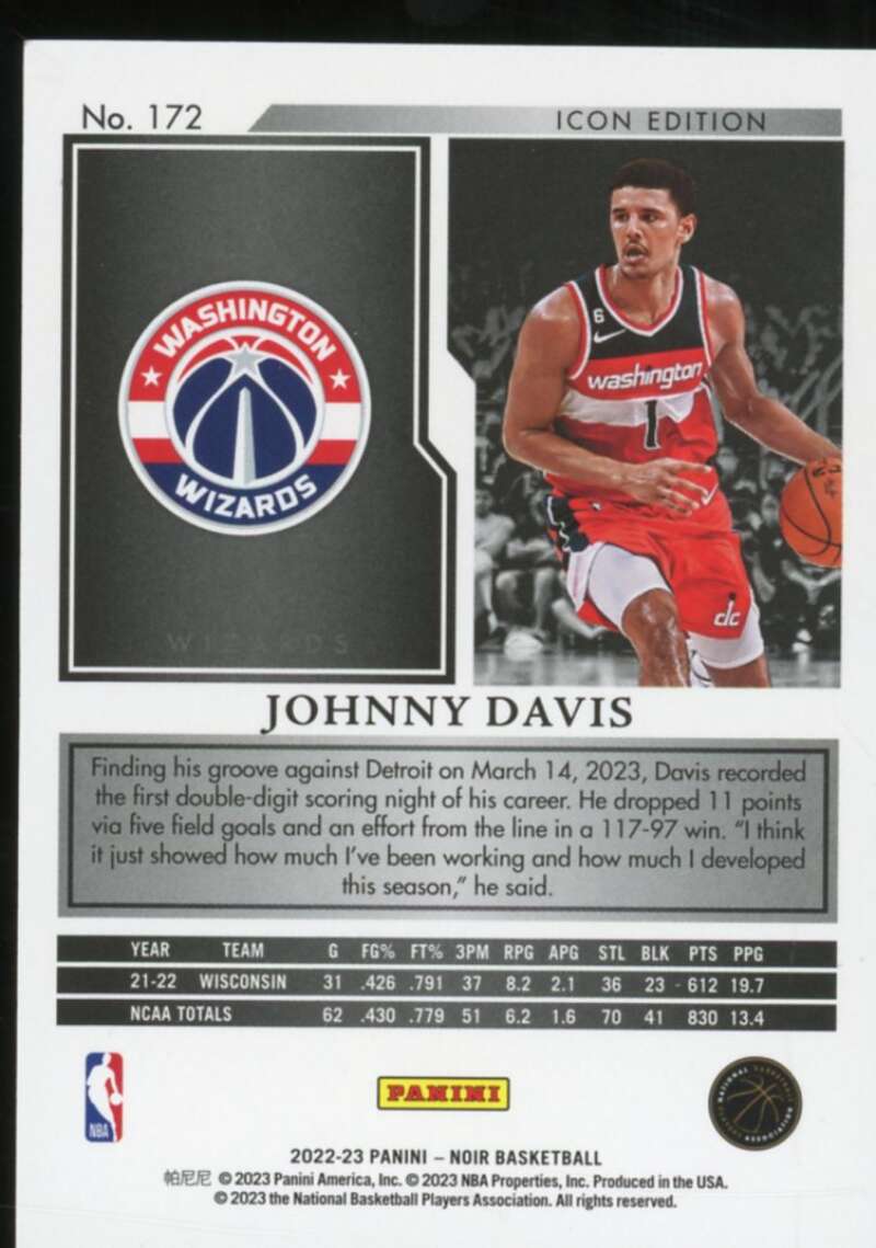 Johnny Davis Rookie Card 2022-23 Panini Noir Holo Silver #172  Image 2