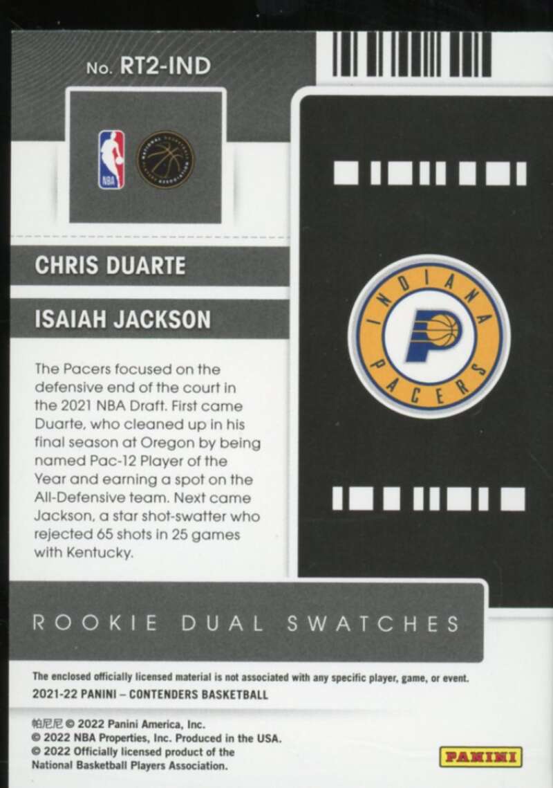 Chris Duarte/Isaiah Jackson 2021-22 Contenders Rookie Ticket Dual Swatches #6  Image 2