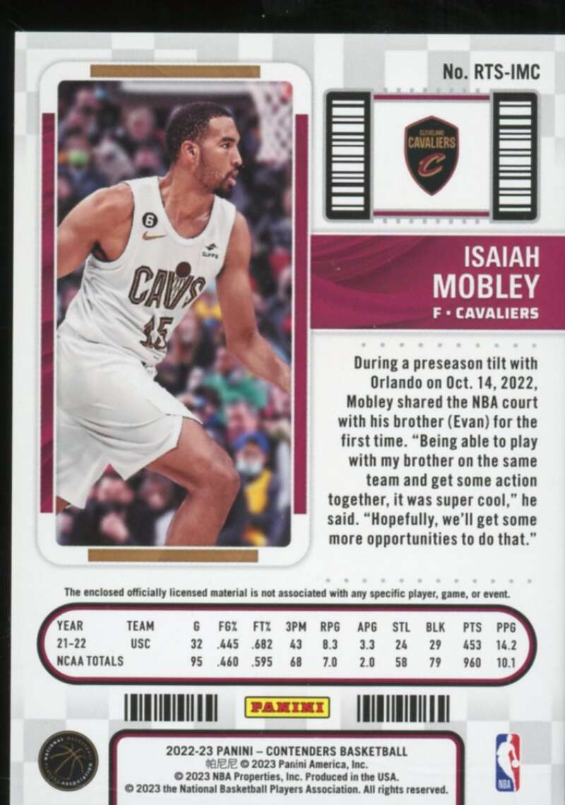 Isaiah Mobley Rookie Card 2021-22 Panini Contenders Rookie Ticket Swatches #3  Image 2