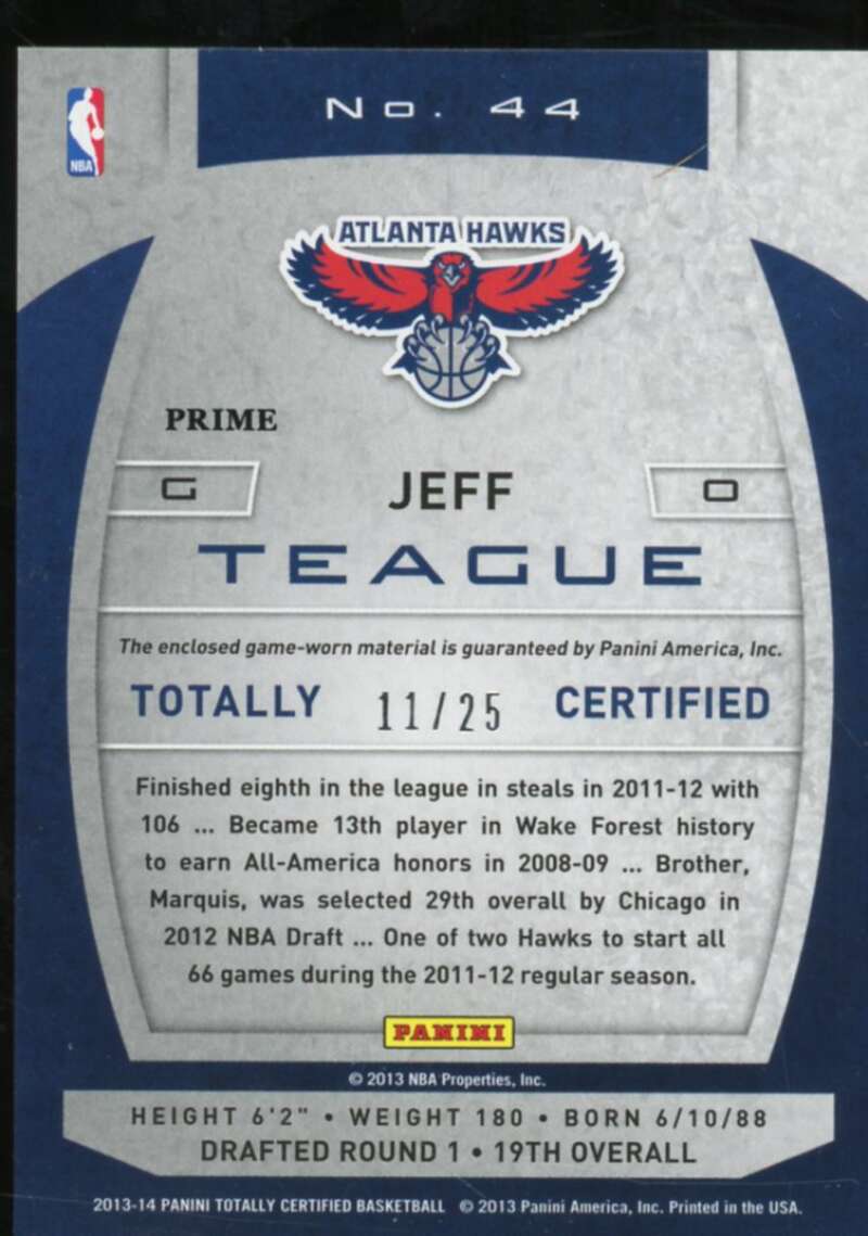 Jeff Teague Card 2013-14 Totally Certified Materials Gold Prime #44  Image 2