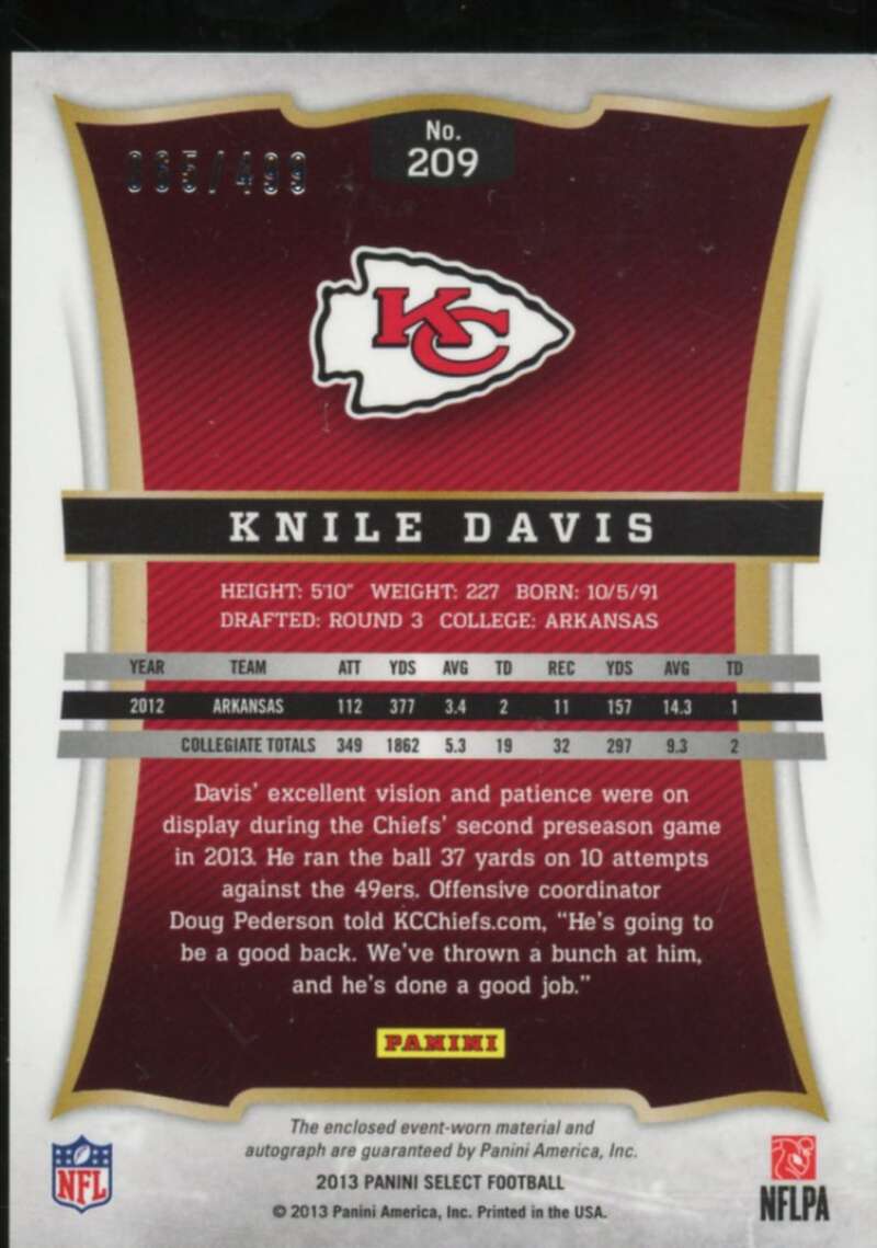 Knile Davis Rookie Card 2013 Select Rookie Jersey Autographs #209  Image 2