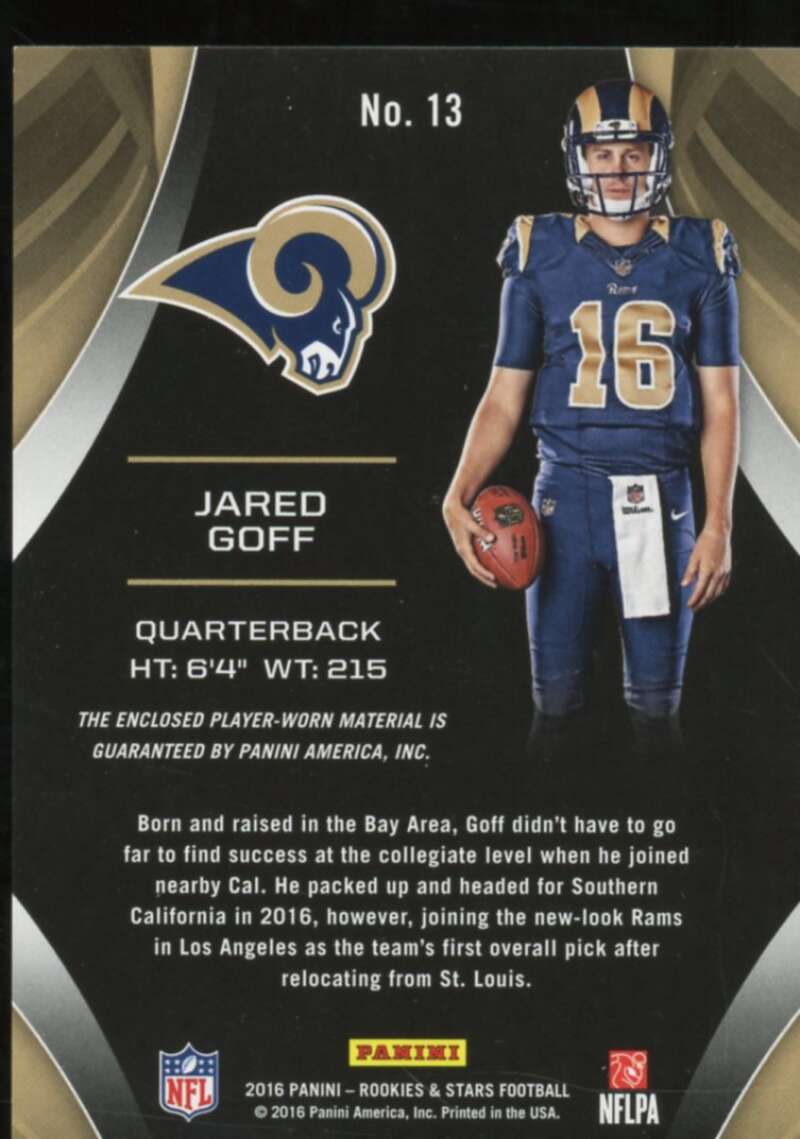 Jared Goff Rookie Card 2016 Rookies Stars Star Search Jerseys #13  Image 2