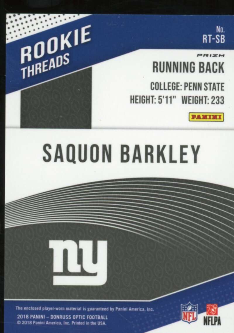 Saquon Barkley Rookie Card 2018 Donruss Optic Rookie Threads Red and Yellow #7  Image 2