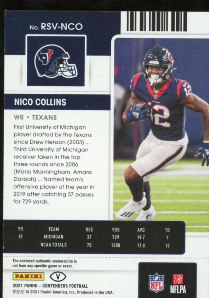 Nico Collins Rookie 2021 Panini Contenders Rookie Ticket Swatches Variation #27  Image 2