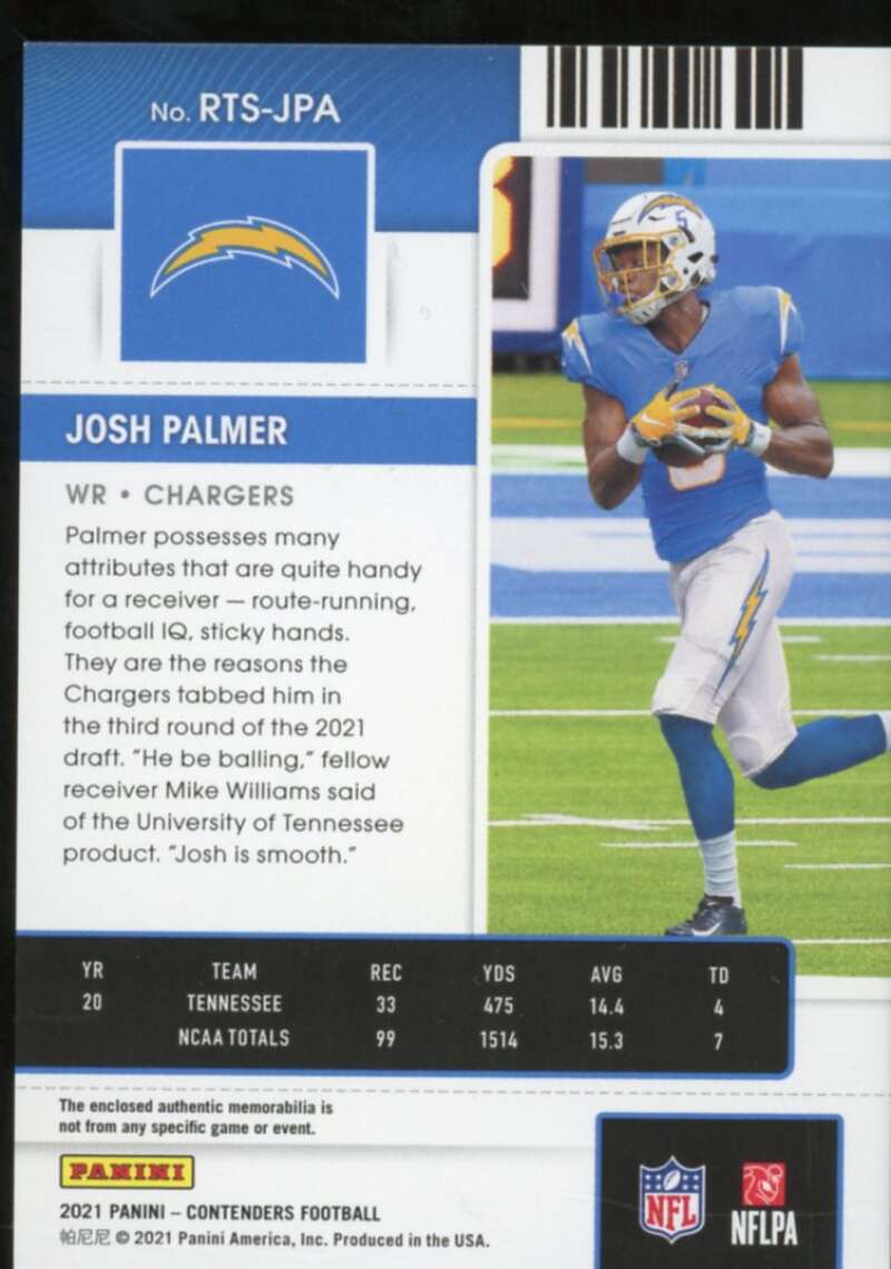 Josh Palmer Rookie Card 2021 Panini Contenders Rookie Ticket Swatches #24  Image 2