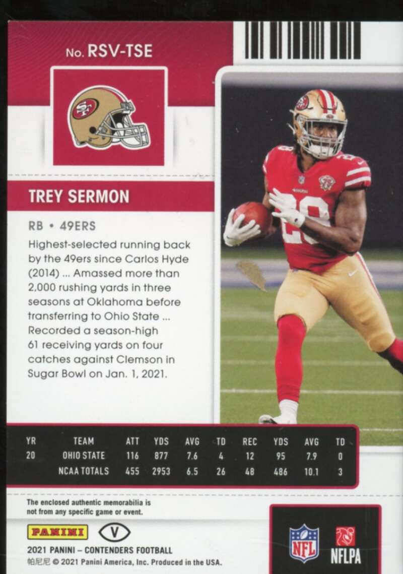 Trey Sermon Rookie 2021 Panini Contenders Rookie Ticket Swatches Variation #26  Image 2