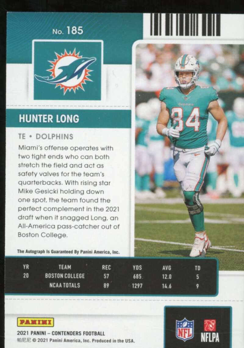 Hunter Long AU Rookie Card 2021 Panini Contenders #185  Image 2