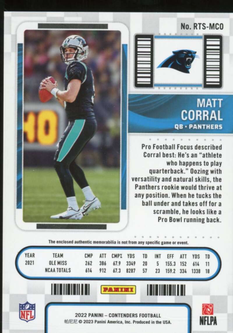 Matt Corral Rookie Card 2022 Panini Contenders Rookie Ticket Swatches #30  Image 2