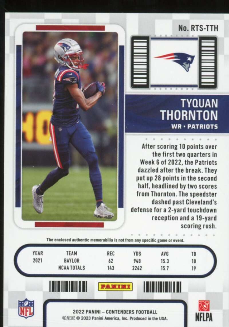 Tyquan Thornton rookie Card 2022 Panini Contenders Rookie Ticket Swatches #38  Image 2